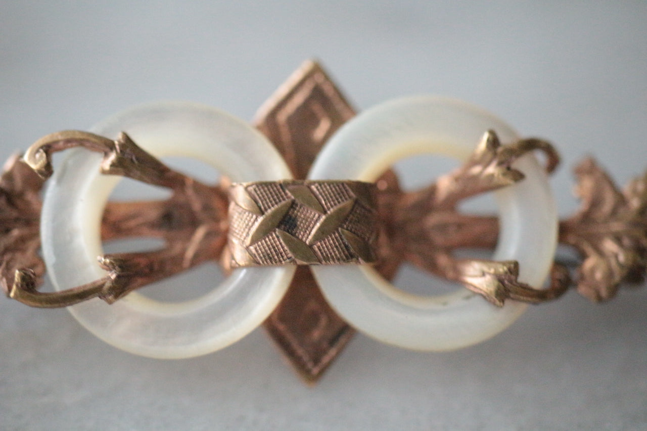 Antique Mother of Pearl &amp; Gold Brass Brooch