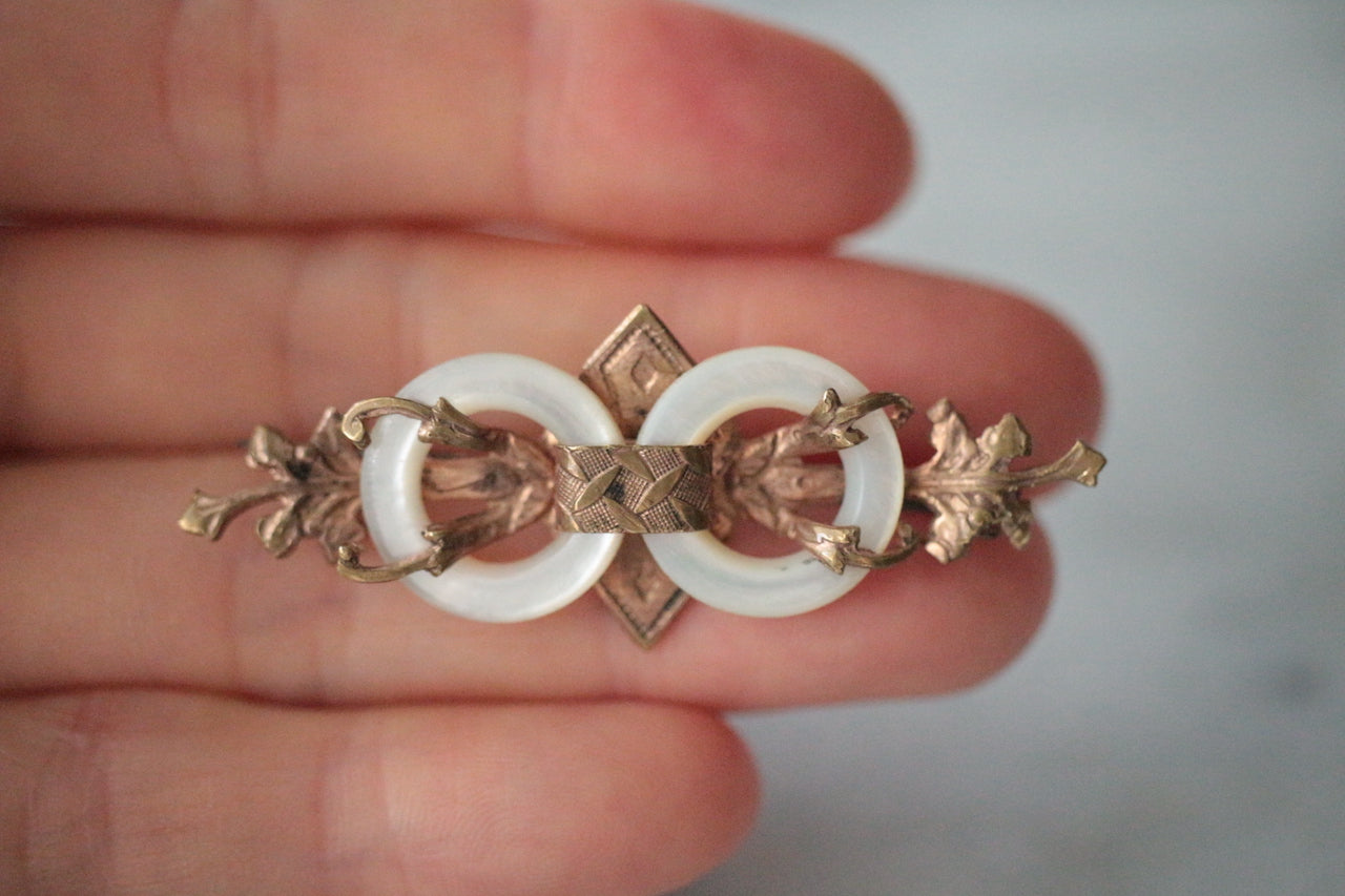 Antique Mother of Pearl & Gold Brass Brooch