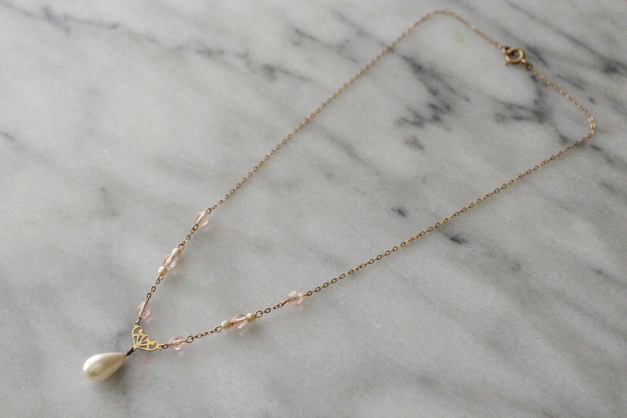 古董 1920 年代新藝術風格人造珍珠和粉色玻璃珠項鍊
