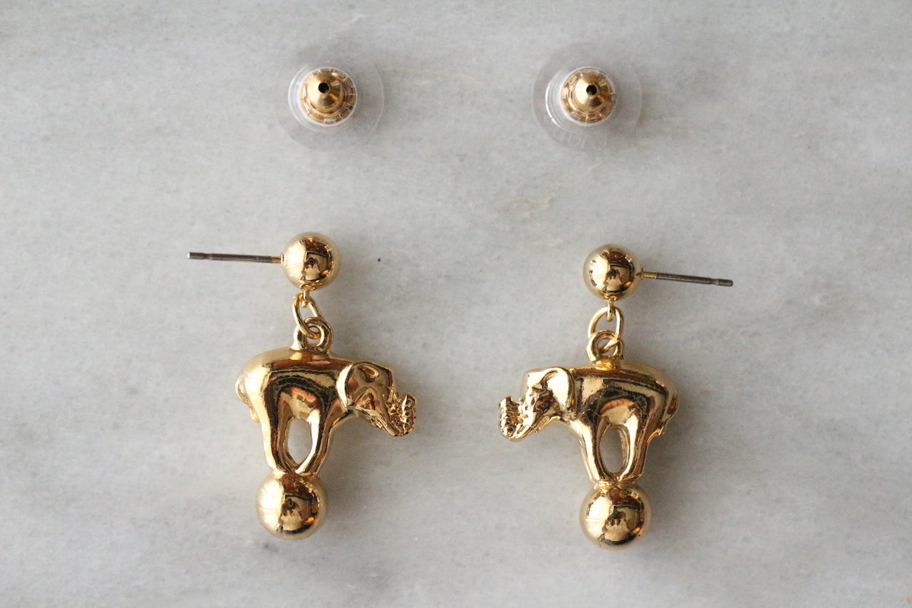 復古 1980 年代雅芳金色馬戲團大象穿孔耳環